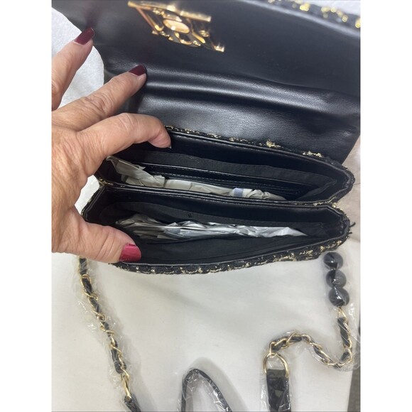 Bagley Mischka Textured Messenger Bag Tweed Black Gold Vegan Leather NEW - Picture 5 of 9